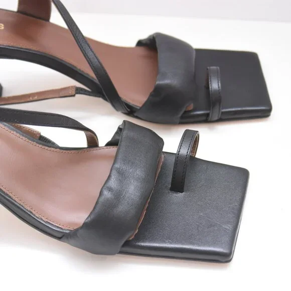 ALOHAS Asymmetrical Black Leather Heeled Open Toe Square Toe Sandal Shoes 40 US9 - Picture 6 of 16